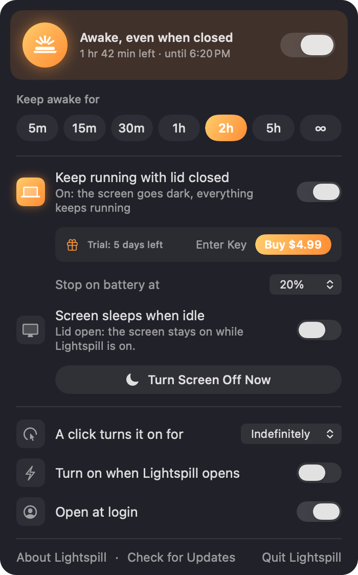 The Lightspill panel: awake even when closed, 1 hr 42 min left, keep running with lid closed on